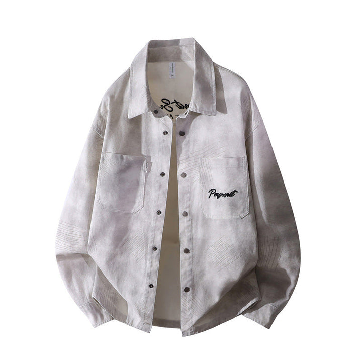 Herr Oversized Skjortjacka i Washed Batik Look med Tryckknapp Knapp Fram &amp; Applied Bröstfickor