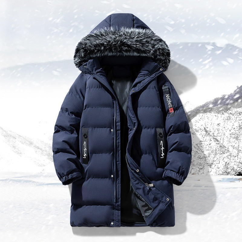 Herr longer quiltad parka med huva och fusk päls trim