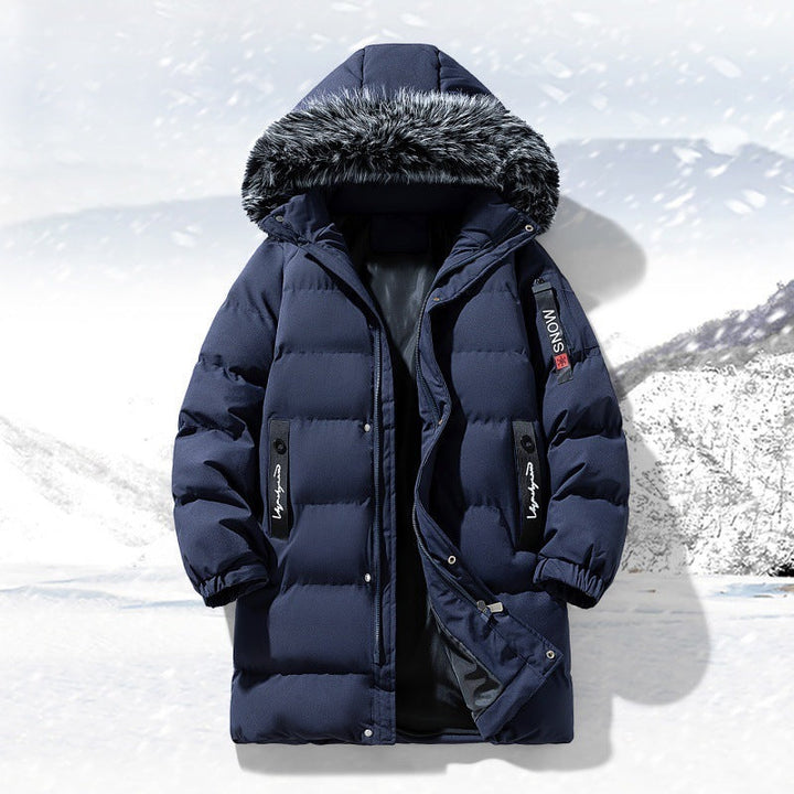 Herr longer quiltad parka med huva och fusk päls trim