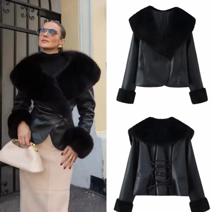 Dam 20+ Kort Jacka i Konstläder med Stora Faux Fur Krage och Fur Muddar