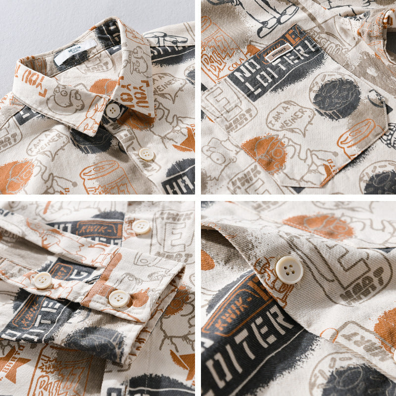 Herr Artistic Grafisk Overshirt i Avslappnad Layering med Allover Sketch Tryck och Soft-Touch Bomull Mix