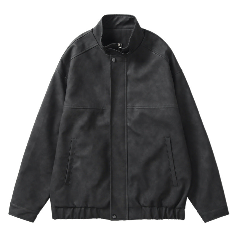 Herr Boxy Leather-Look Blouson med Dold Dragkedja Knapplist, Ståkrage, och Elastisk Waistband