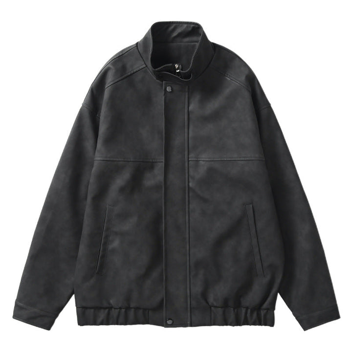 Herr Boxy Leather-Look Blouson med Dold Dragkedja Knapplist, Ståkrage, och Elastisk Waistband