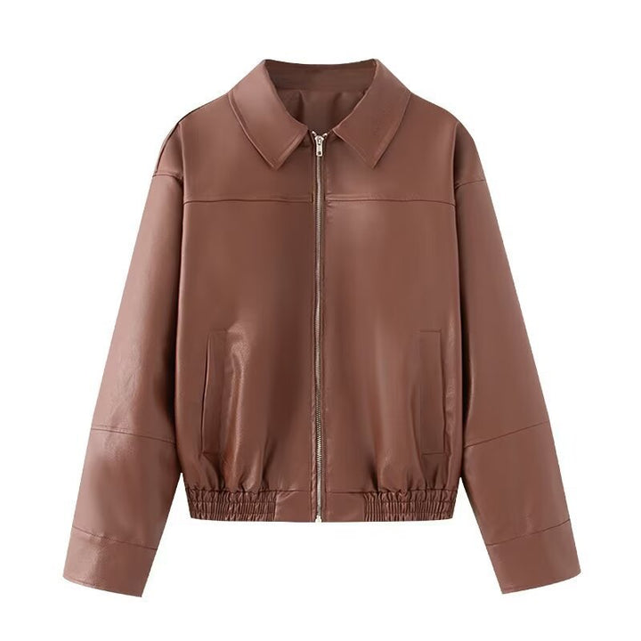 Dam kort jacka gjord konstläder in oversize bomber stil med skjortkrage och elastic fåll