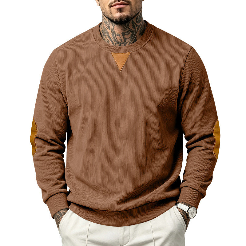 Herr College-Tröja med Textured Stickad, Elbow Lappar och Round Neckline