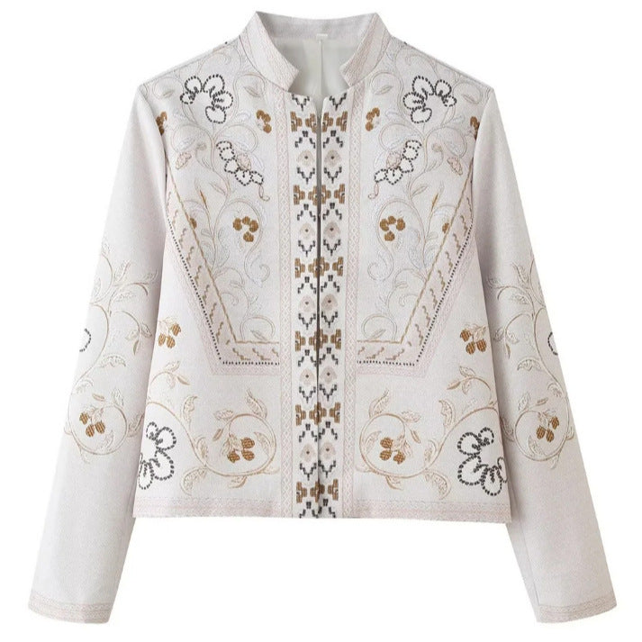 Dam Fine Embroidered Kort Jacka med Stå Krage och Blommig Ornament Embroidery