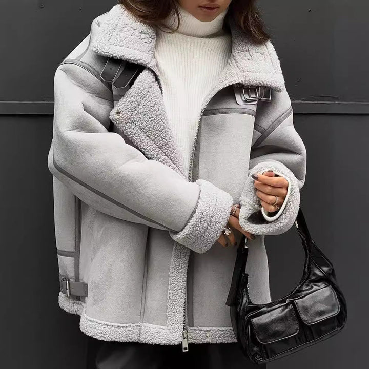 Dam vid skärning Lambskin Imitation Flight jacka med Faux Fur foder