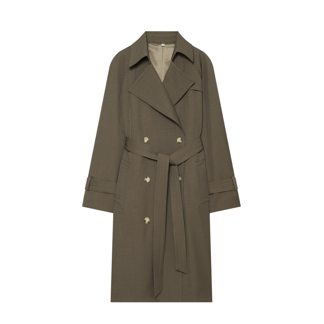 Dam elegant utility trench med bred lapels, bälte tie och påsydda fickor