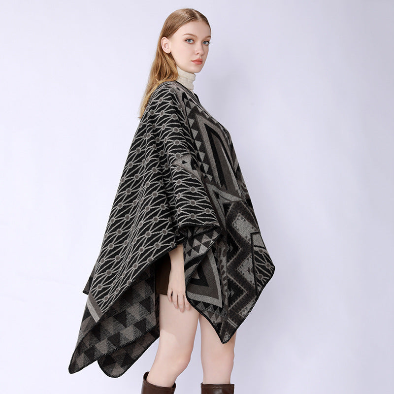 Dam Structured Jacquard poncho Overlay med Graphic Ethno mönster och Open kimono Fall