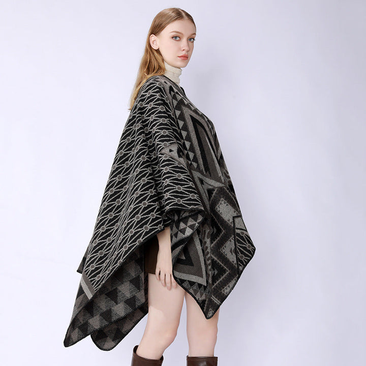 Dam Structured Jacquard poncho Overlay med Graphic Ethno mönster och Open kimono Fall