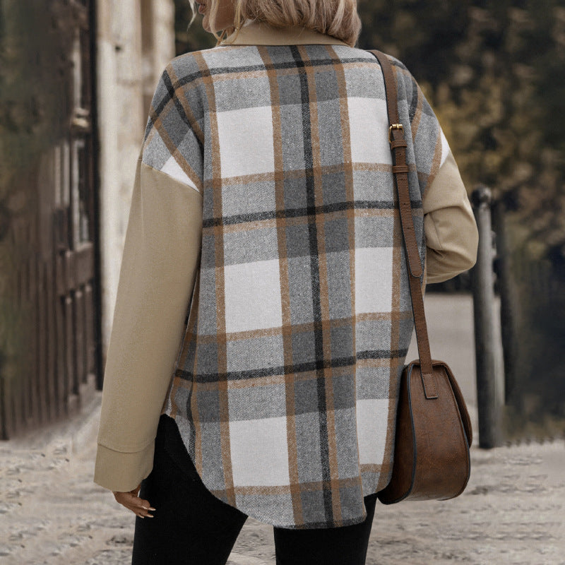 Dam Oversized Skjorta Jacka med Rutig Fram Panel, Tryckknapp Knapp Stängning och Lapp Bröst Fickor