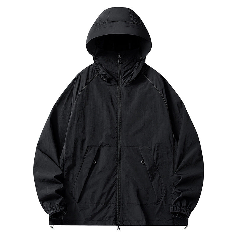 Herr Lätt Wind och Water-Repellent Jacka med Huva med Mesh Foder, Raglanärmar &amp; Adjustable Fåll