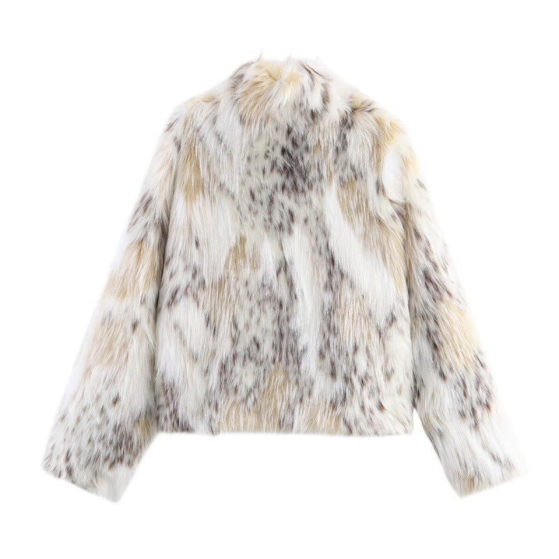 Dam kort skärning Faux Fur jacka med Stand krage och Voluminous Faux Fur