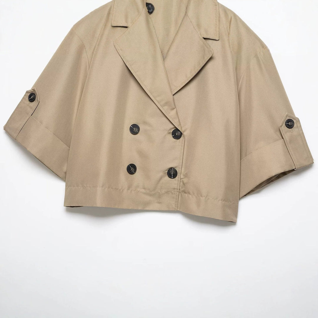 Dam Kort Skärning Trench Cape med Double-Breasted Knapp Knäppning och Half-Length Ärmar