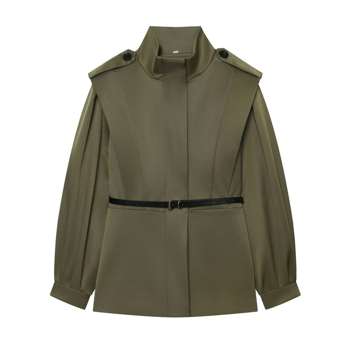 Dam Cape-Like Kappa Jacka med Standing Krage, Shoulder Flaps och Belted Waist