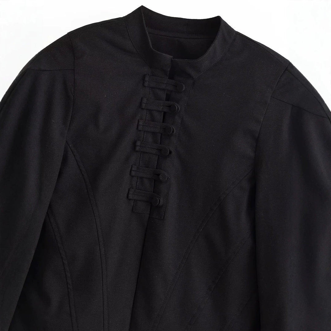 Dam Kort Tailored Blouson Jacka med Stå Krage, Dekorativ Loops och Seams