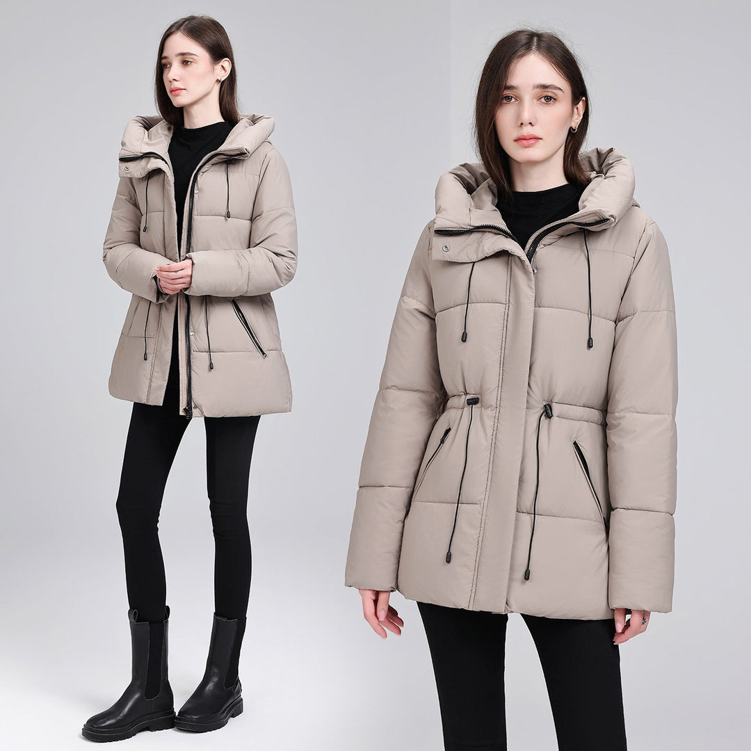 Dam vadderad Mid-Length Parka med huva, Drawstring Waist och dragkedja fickor