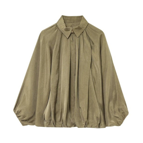 Dam 100+ Wide Gathered Blouse Jacka med Skjort Krage och Front Dragkedja