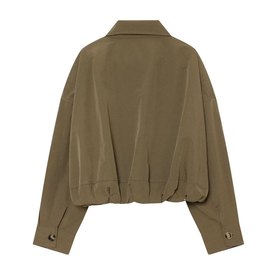 Dam Lätt Kort Blouson Jacka med Stå Krage, Dragkedja och Elastic Nederkant