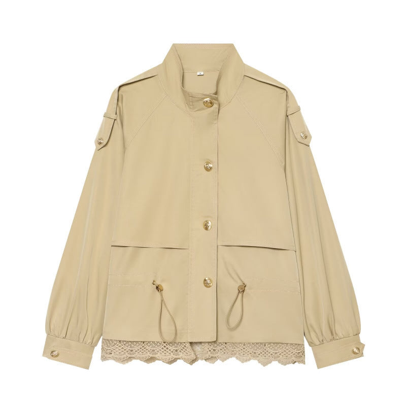 Dam 50+ Tailored Utility Blouson Jacka med Stå Krage, Drawstring Fickor och Lace Kant