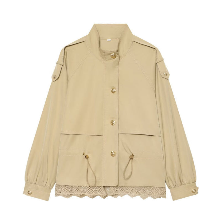 Dam 50+ Tailored Utility Blouson Jacka med Stå Krage, Drawstring Fickor och Lace Kant
