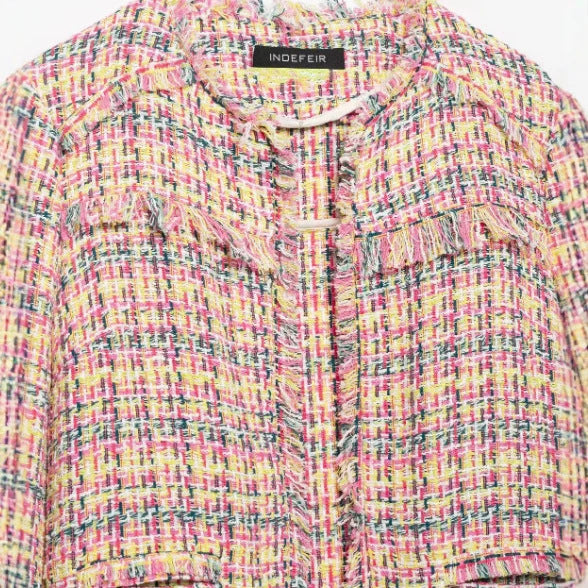 Dam Kort Bouclé-Tweed Blazer i Chanel Stil med Fringe Trims