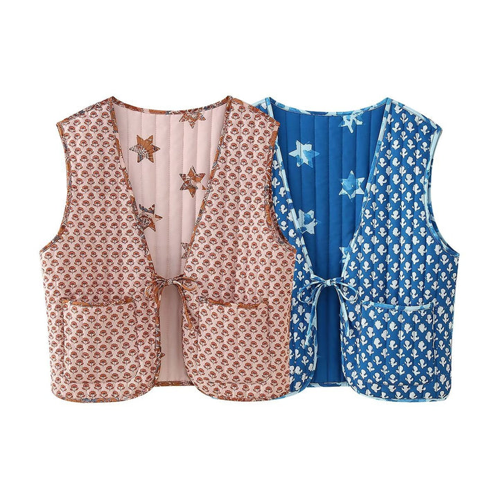 Dam quiltad reversible väst med tie bälte, påsydda fickor, och star appliqué