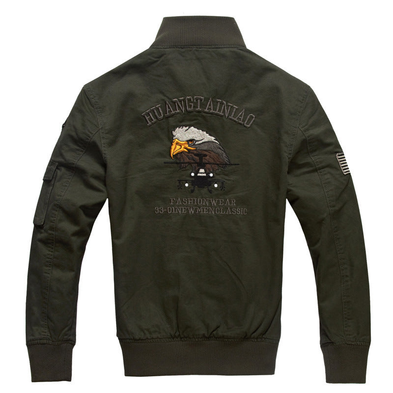Herr Aviator Canvas Blouson med Embroidered Patches, Ståkrage och Multi-Functional Lock Fickor