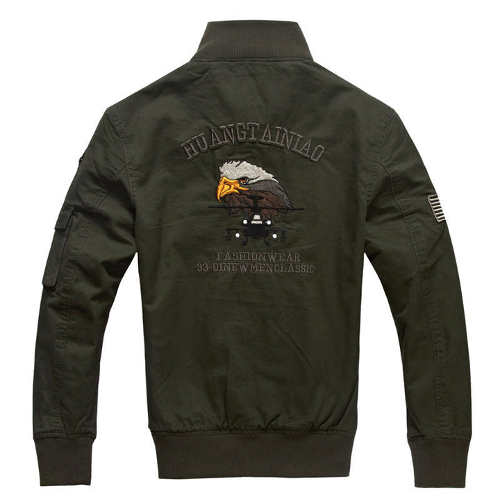 Herr Aviator Canvas Blouson med Embroidered Patches, Ståkrage och Multi-Functional Lock Fickor