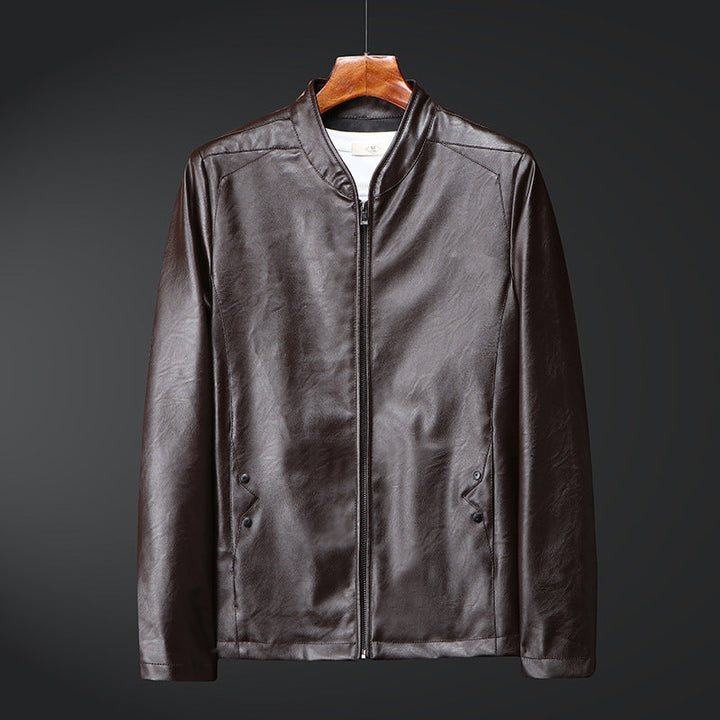 Herr Smal Synthetic Läder Blouson med Standing Krage och Tvåvägsdragkedja