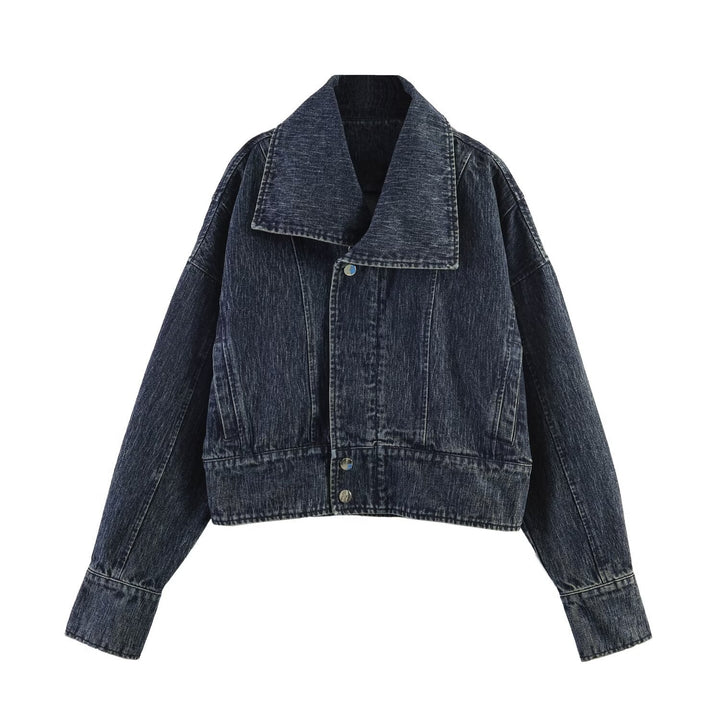 Dam Oversize Denimjacka med Stora Shawl Krage och Used Effect