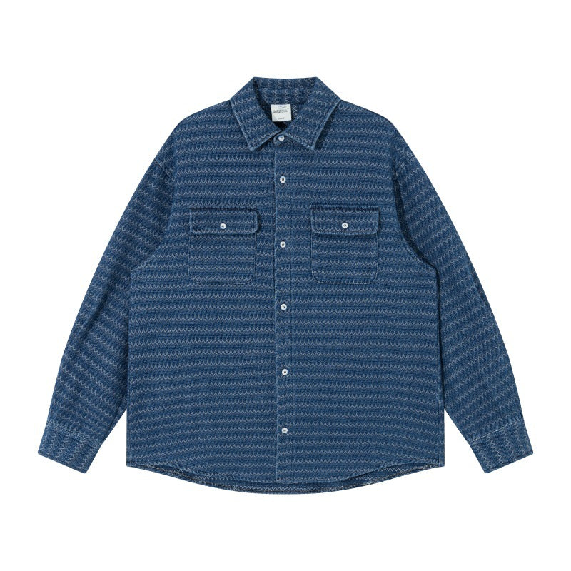 Unisex Strukturerad Bomull Overshirt Jacka med Zigzag Jacquard och Lapp Bröst Fickor