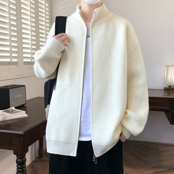 Herr Oversized Knit Zip Jacka med Hög Stående Krage och Fin Rib Structure