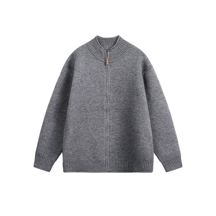 Unisex Stickad Dragkedja Jacka med Hög Ribbad Krage och Oversized Skärning