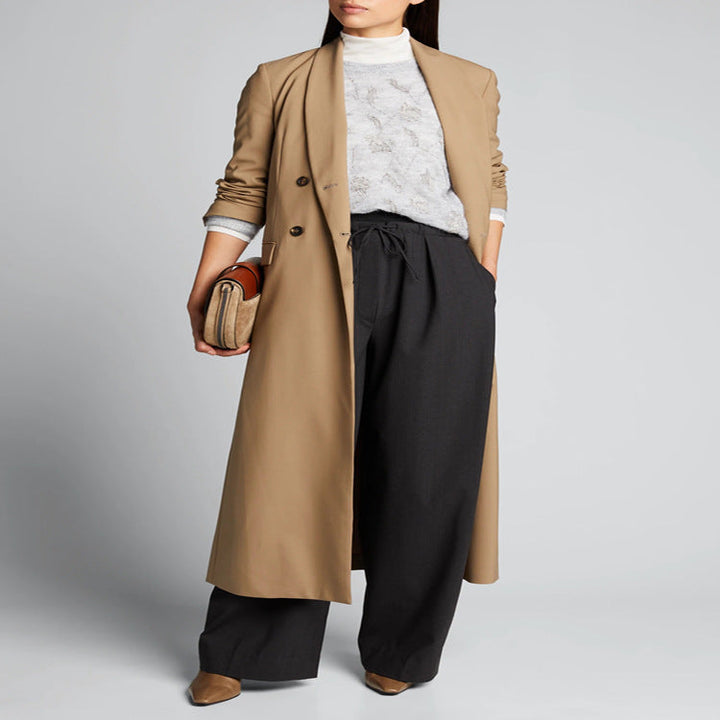 Dam Maxi lång Single-Breasted lång kappa in minimalistisk trench stil med mjuk Draping