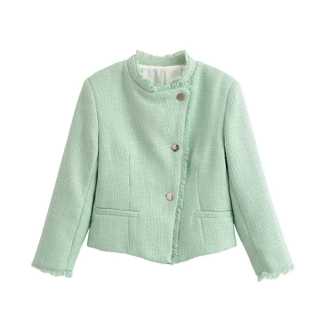 Dam Kort Skärning Bouclé Tweedjacka med Fringe Kant och Round Neckline