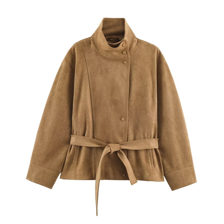 Dam Kort Jacka Tillverkad av Suede Look med Stå Krage och Tie Belt