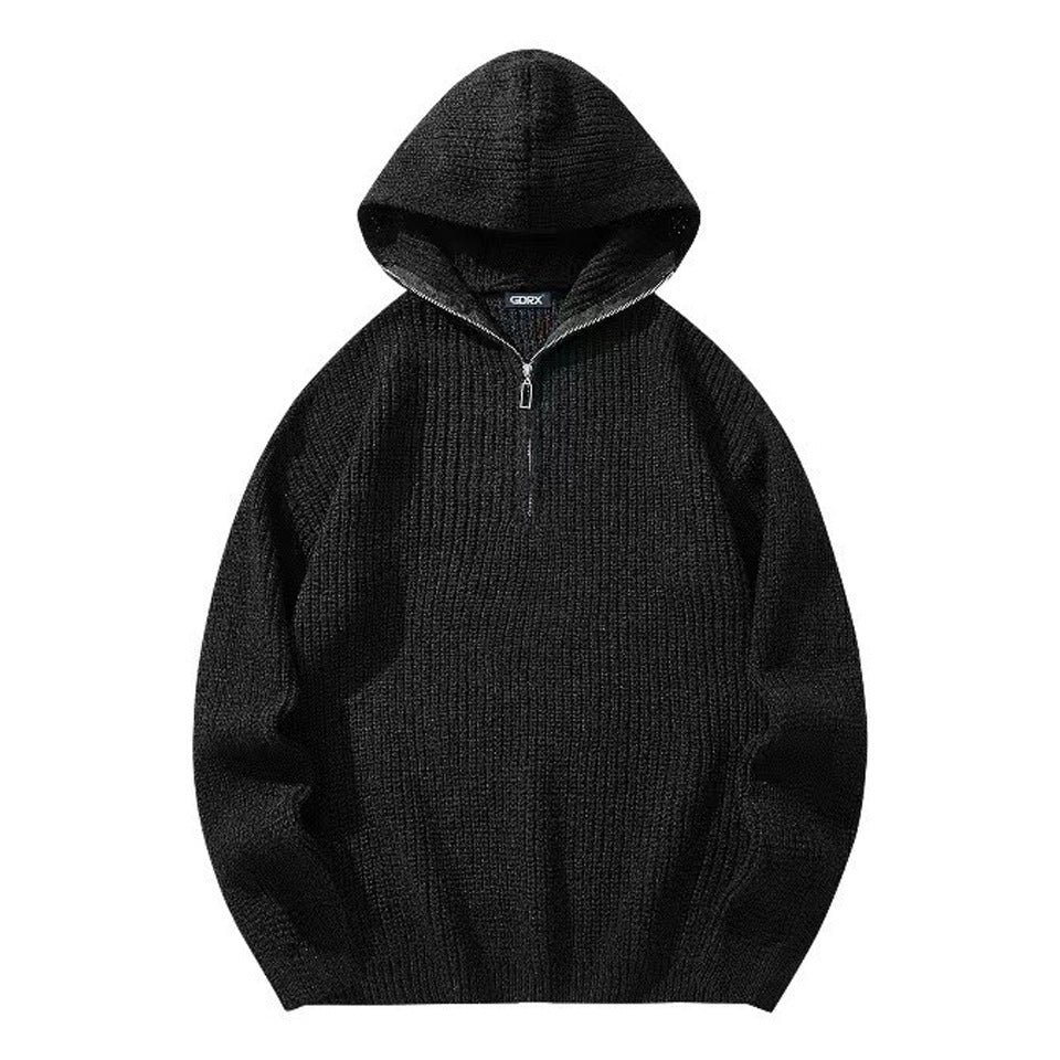 Herr Chunky Stickad Pullover med Huva och Dragkedja