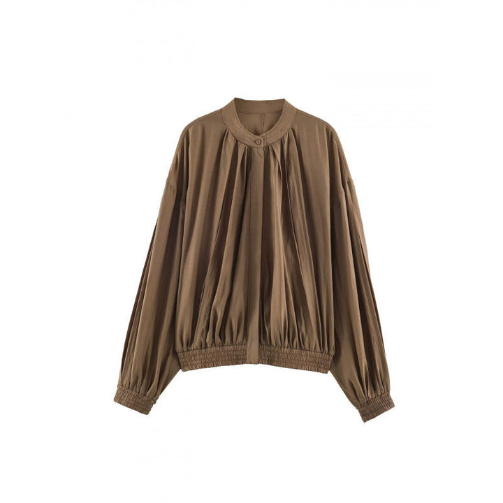 Dam Kort Skärning Pleated Blouson Jacka med Balloon Ärmar och Smocked Waist