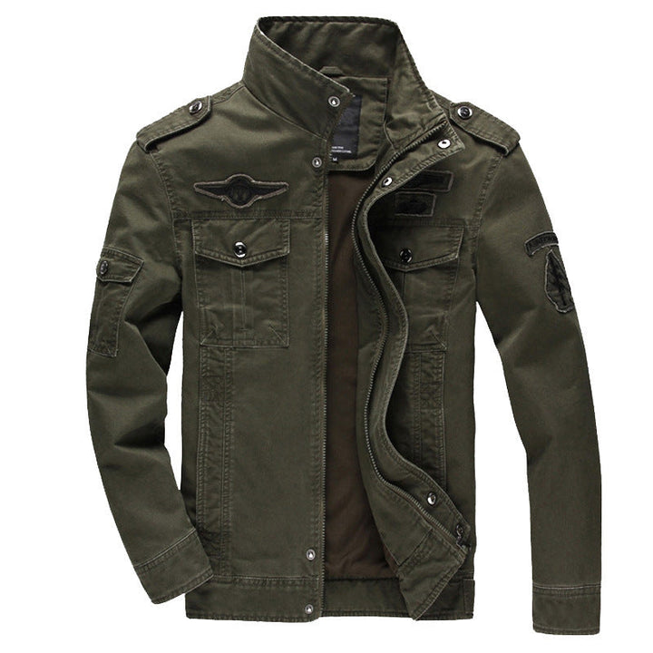 Herr Canvas Fältjacka i Militär Utility Stil med Axel Epaulets och Dold Tvåvägsdragkedja