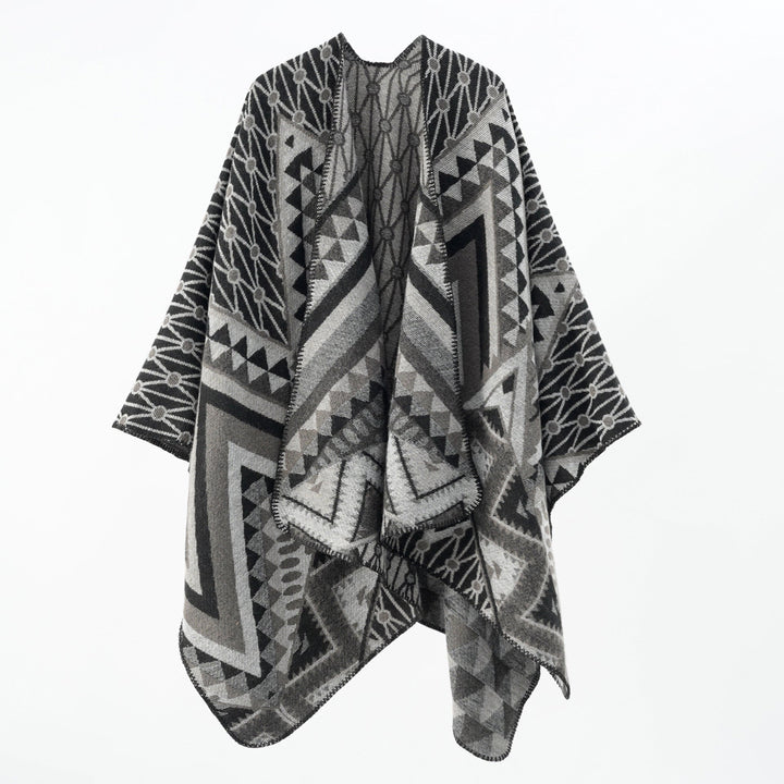 Dam Structured Jacquard poncho Overlay med Graphic Ethno mönster och Open kimono Fall