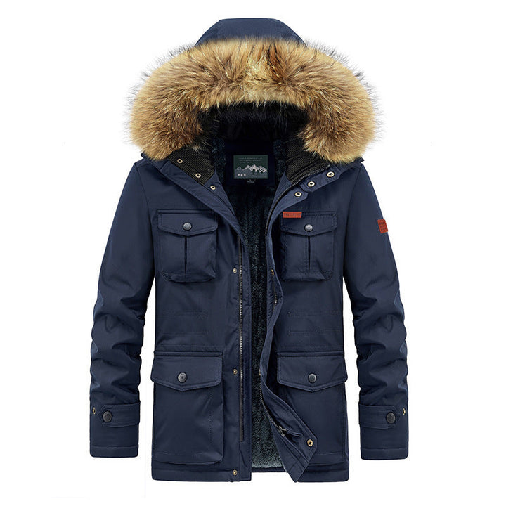 Herr Vinter Parka med Faux Fur Huva, Quiltad Termisk Foder, och Flera Fickor