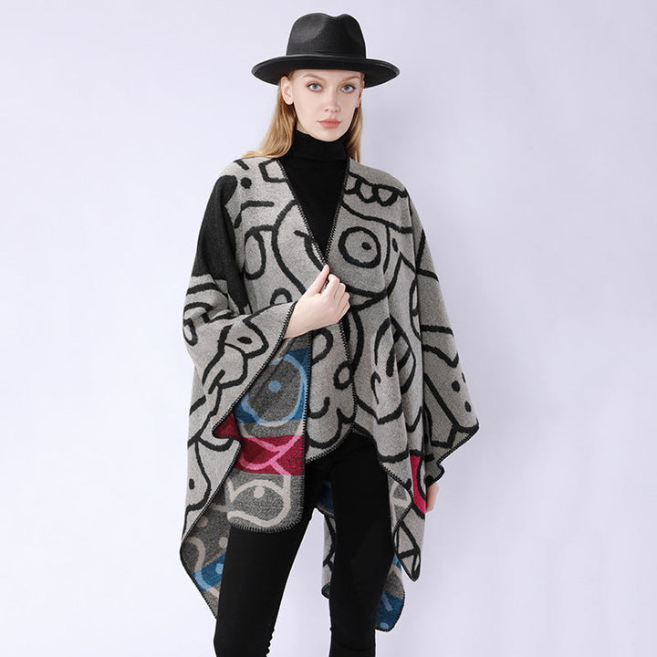 Dam oversized poncho i artistic tryck med two-tone edge processing och asymmetrical pointed fåll