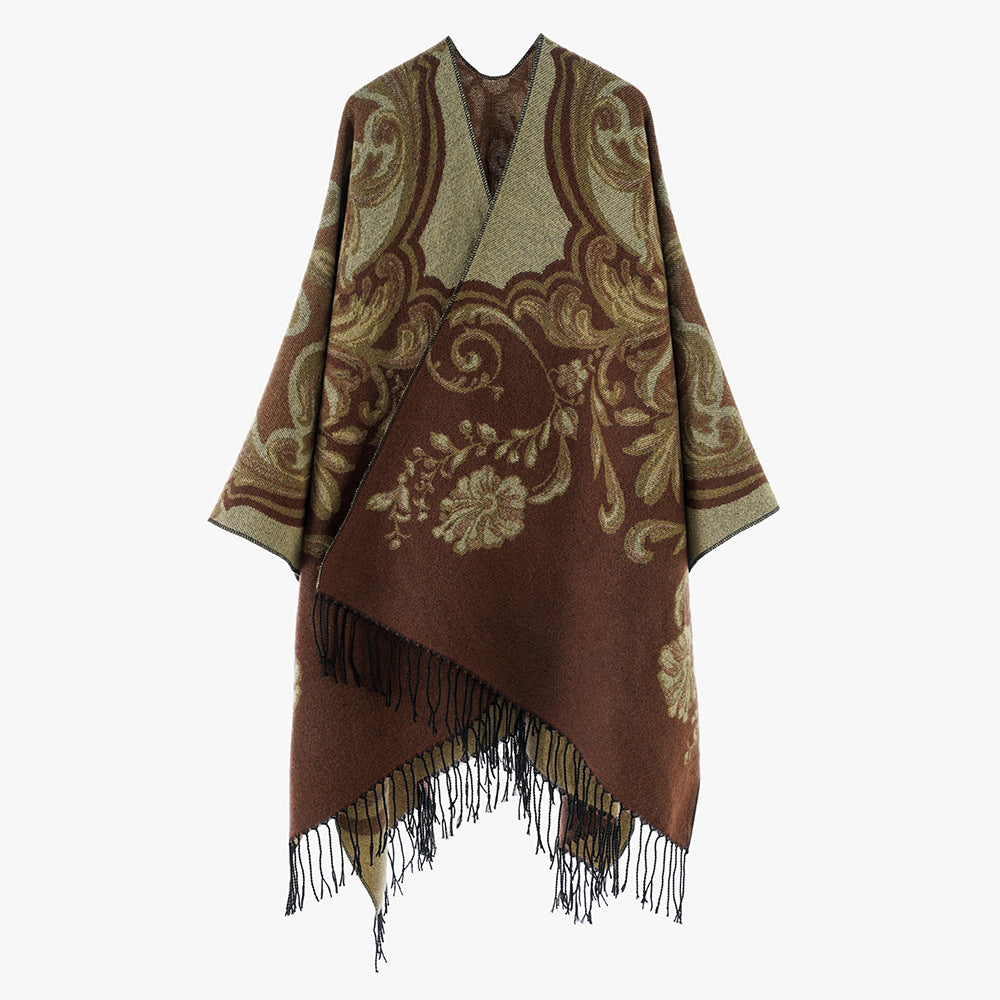 Dam Jacquard poncho Wrap i Baroque mönster med Fringes