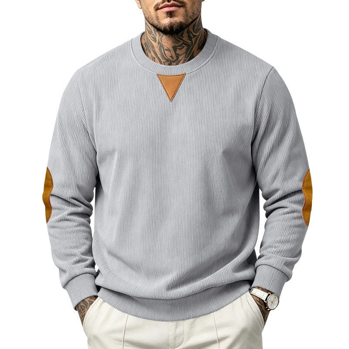 Herr College-Tröja med Textured Stickad, Elbow Lappar och Round Neckline