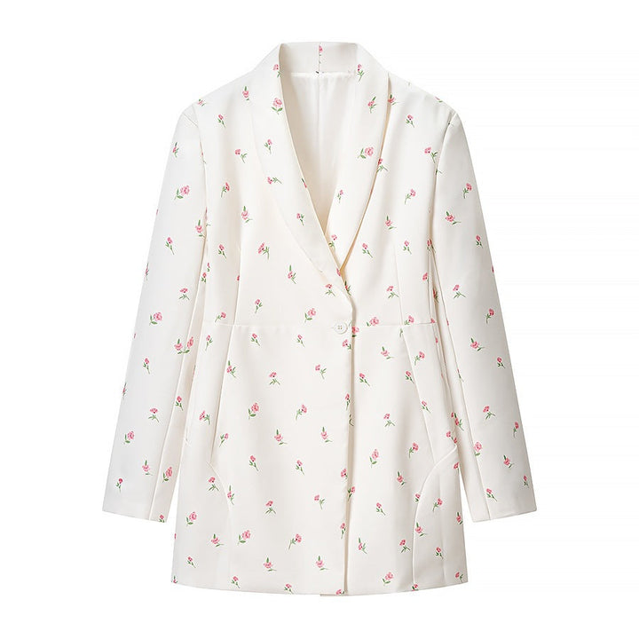 Dam Blommig Lång Modell Blazer Jacka med Sjalrakrage och One-Knapp Stängning