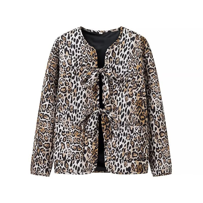 Dam lätt Blouson jacka in Leopard tryck med Ties och utanpåfickor