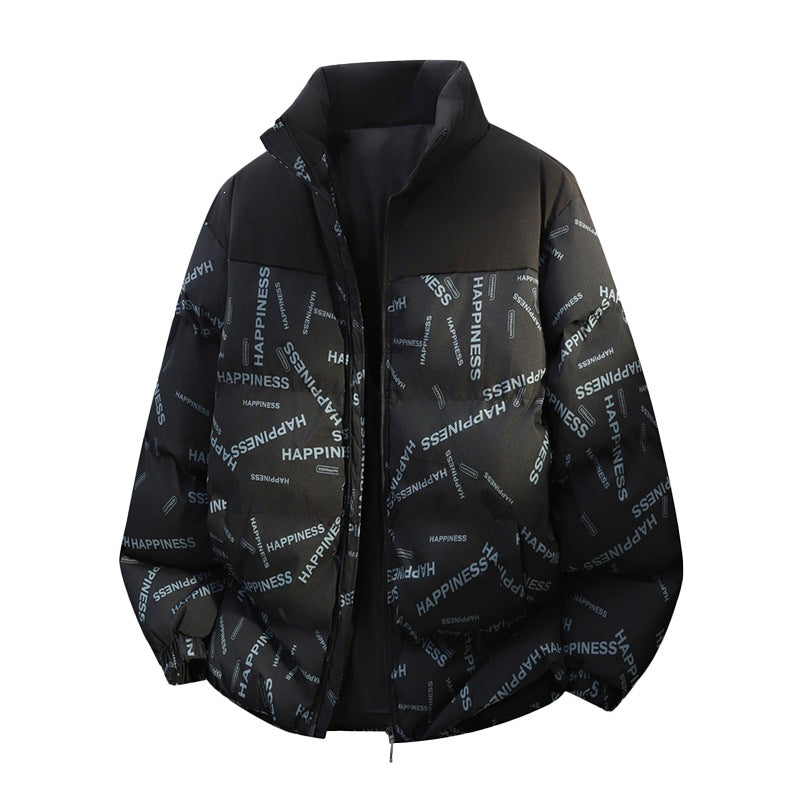 Unisex Oversize Vadderad Jacka med Allover Tryck, Stå Krage &amp; Drawstring Nederkant