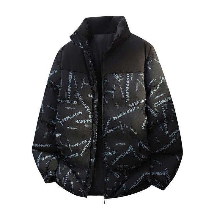 Unisex Oversize Vadderad Jacka med Allover Tryck, Stå Krage &amp; Drawstring Nederkant