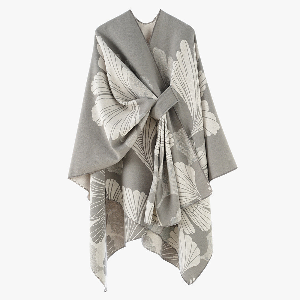 Dam Oversized Jacquard Cape Gjord av Ullblandning med Blommig Jacquard och Fram Loop